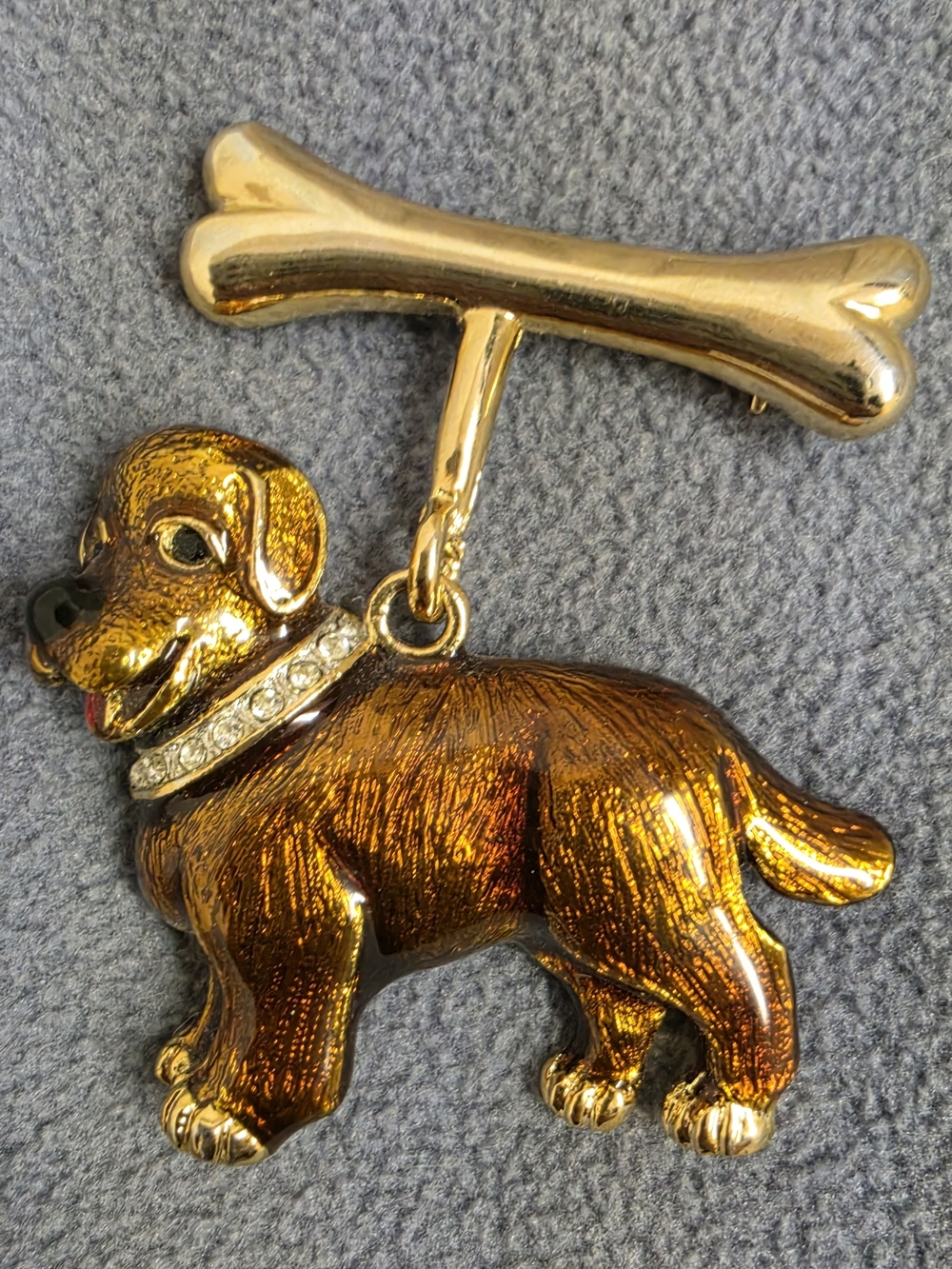 Brown Puppy Dog Bone Dangle Brooch Gold Tone Rhinestone Collar Pin New